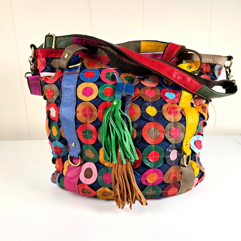 AmeriLeather Patchwork Leather Crossbody Tote Bag Multicolor Boho Tassel Purse